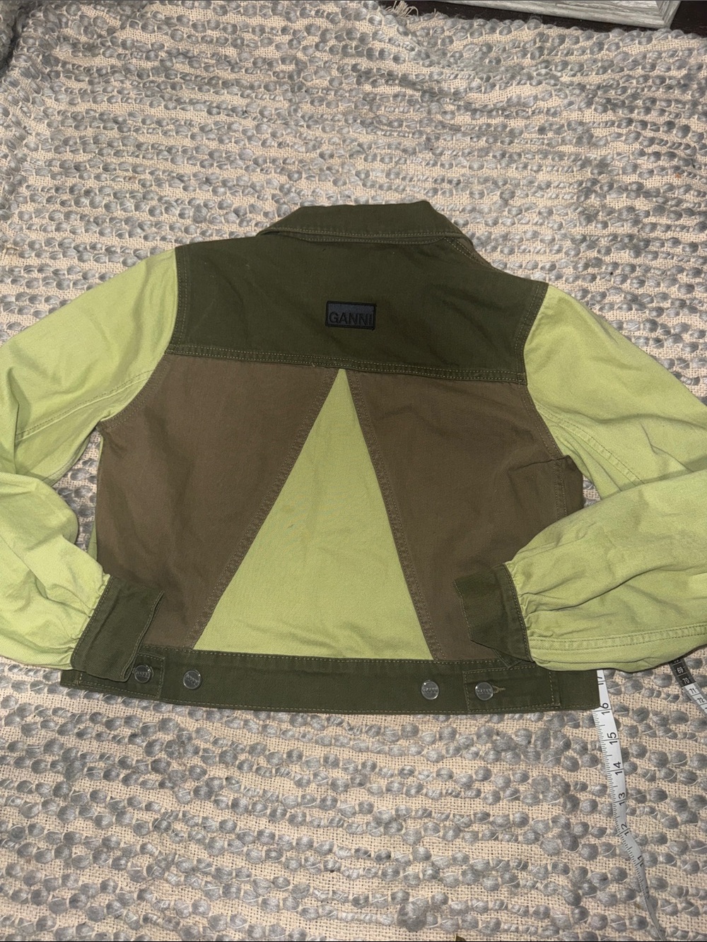 Ganni Two-Tone Olive and Lime Green Jean Jacket - Picture 10 of 11